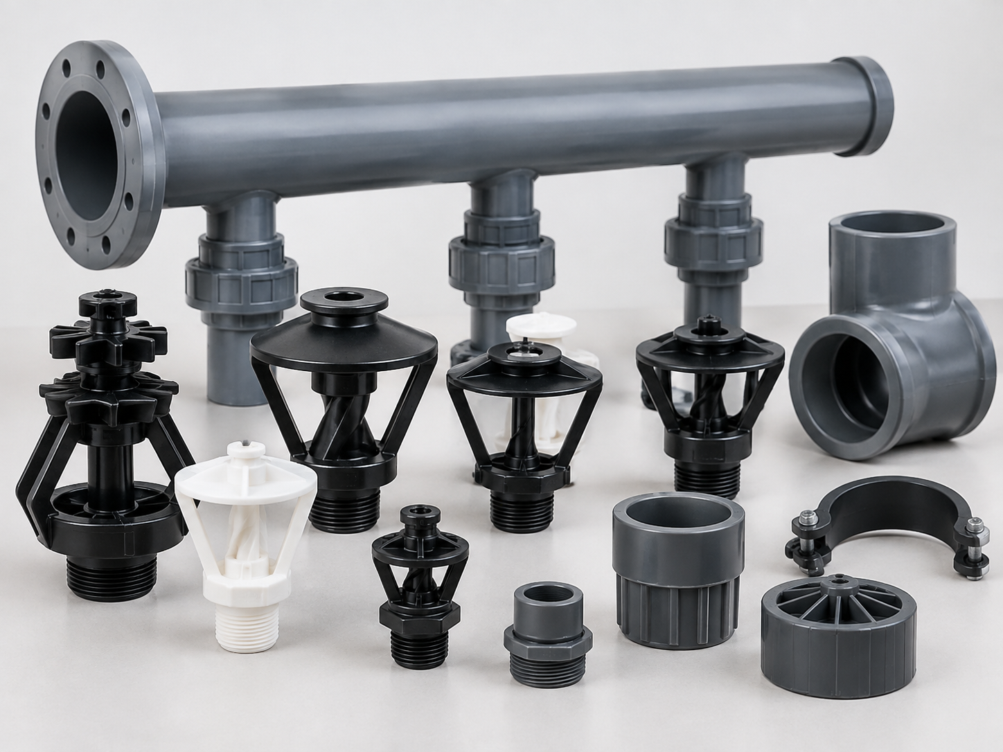 Cooling tower spray nozzles and water distribution components