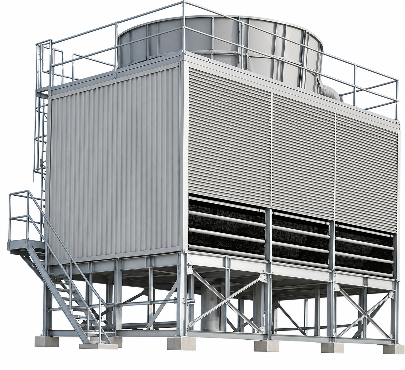 Illustrative industrial cooling tower with access platform and fan cylinder
